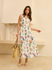 Pocketed Square Neckline Marine Print Maxi Dress