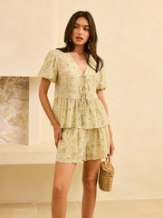 Semi-Sheer Floral Print Peplum Tie-Front Blouse