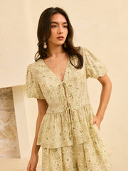 Semi-Sheer Floral Print Peplum Tie-Front Blouse