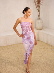 Strapless  Floral Print Split Dress