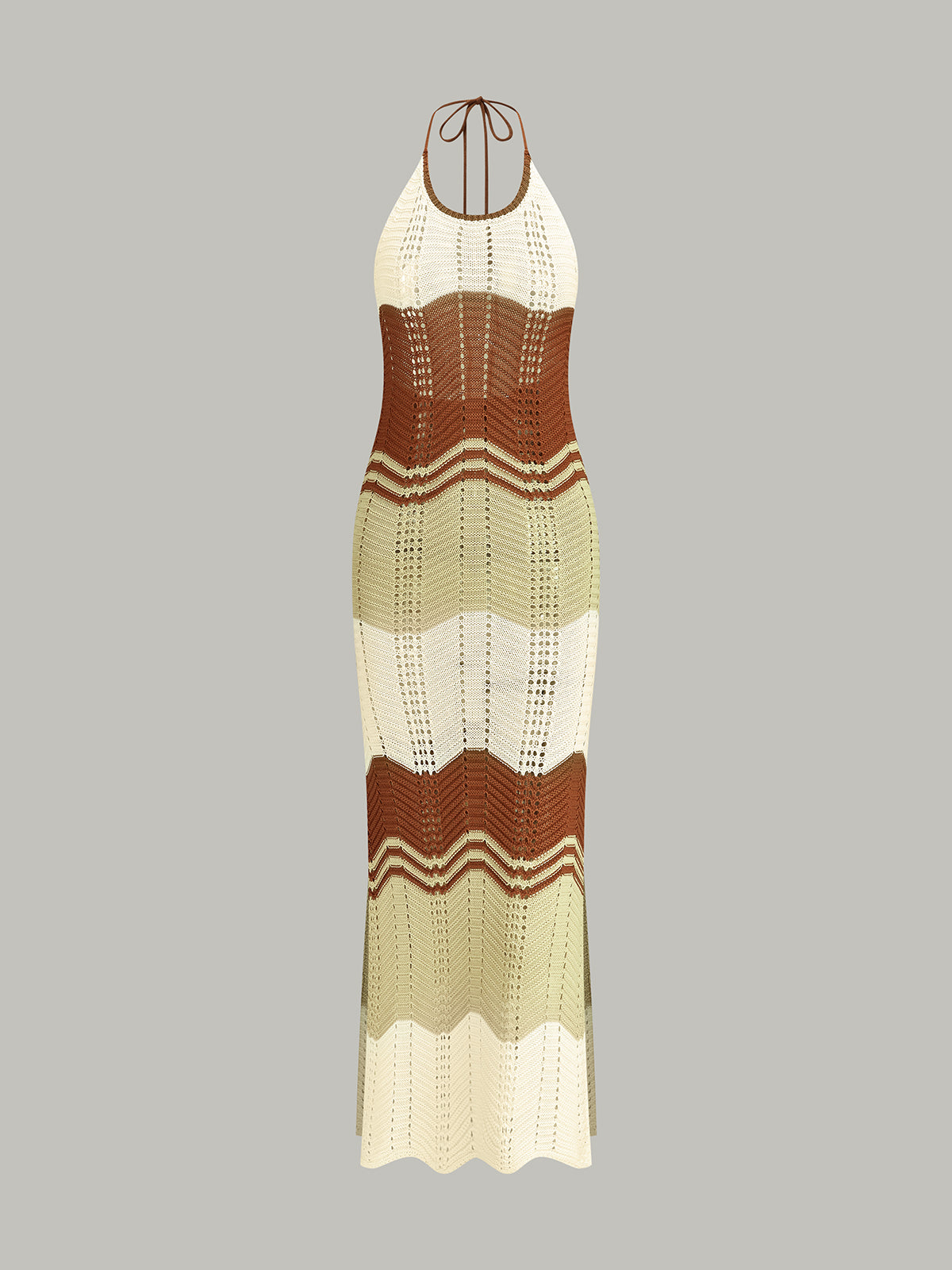 Semi-Sheer Contrast Stripe Crochet Halter Maxi Dress