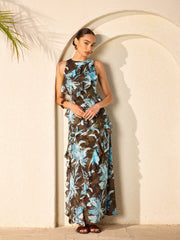 Chiffon Floral Print Sleeveless Dress With Ruffled Detail