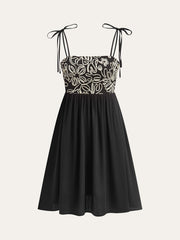 Embroidered Midi Dress with Tie-Up Straps
