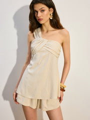 One-Shoulder Linen & Cotton Shorts Set