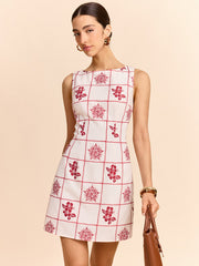 Grid and Floral Print Mini Dress