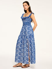 Semi-Sheer Embroidered Maxi Dress with Ruffled Trim