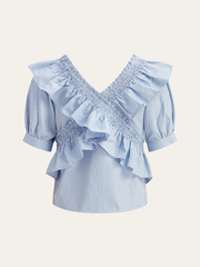 Striped Ruffle V-Neck Puff Sleeve Top