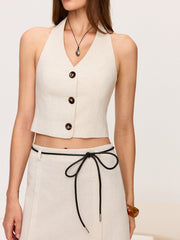Linen & Cotton Halter Skirt Set with Tie Detail