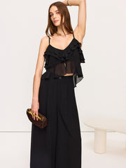 Chiffon Ruffle Top and Wide-Leg Pants Set