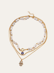 Pearl & Hamsa Hand Multi-Layer Necklace Set