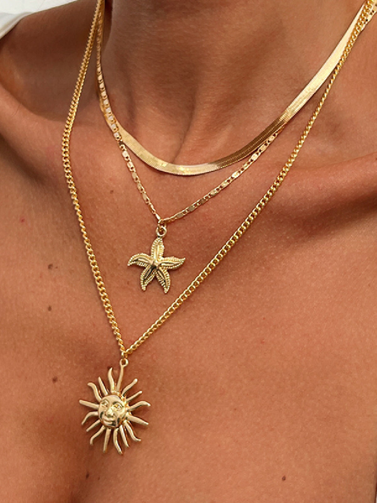 Multi-Layered Gold Sun And Starfish Necklace Set