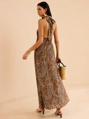 Paisley Print Halter Backless Maxi Dress