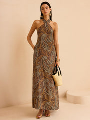 Paisley Print Halter Backless Maxi Dress