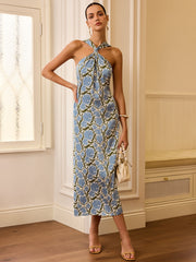 Halter Neck Floral Print Midi Dress