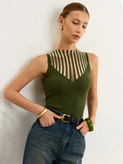 Sleeveless Top with Striped Sheer Detail