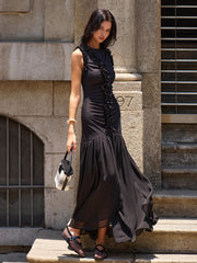 Ruffled Detail Ruched-Front Maxi Dress