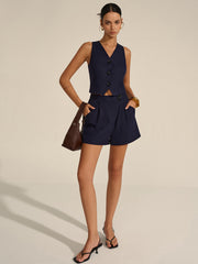 Sleeveless V-Neck Blazer and Shorts Set