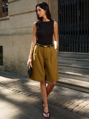 Belted Mid-Waisted Pleated Shorts
