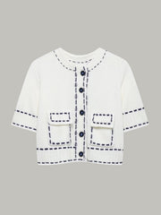 Short-Sleeved Cropped Cardigan with Contrast Stitching