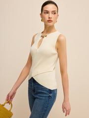 Cut-Out Sleeveless Knit Top with Cross-Over Design