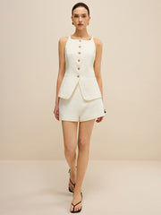 Pocketed Tweed Metal Button Shorts Set