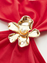 Semi-Sheer Halter Neck Ruched Top with Metal Floral Decor