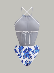 Floral Print Back Tie One-Piece Swimsuit With Cover-Up Skirt