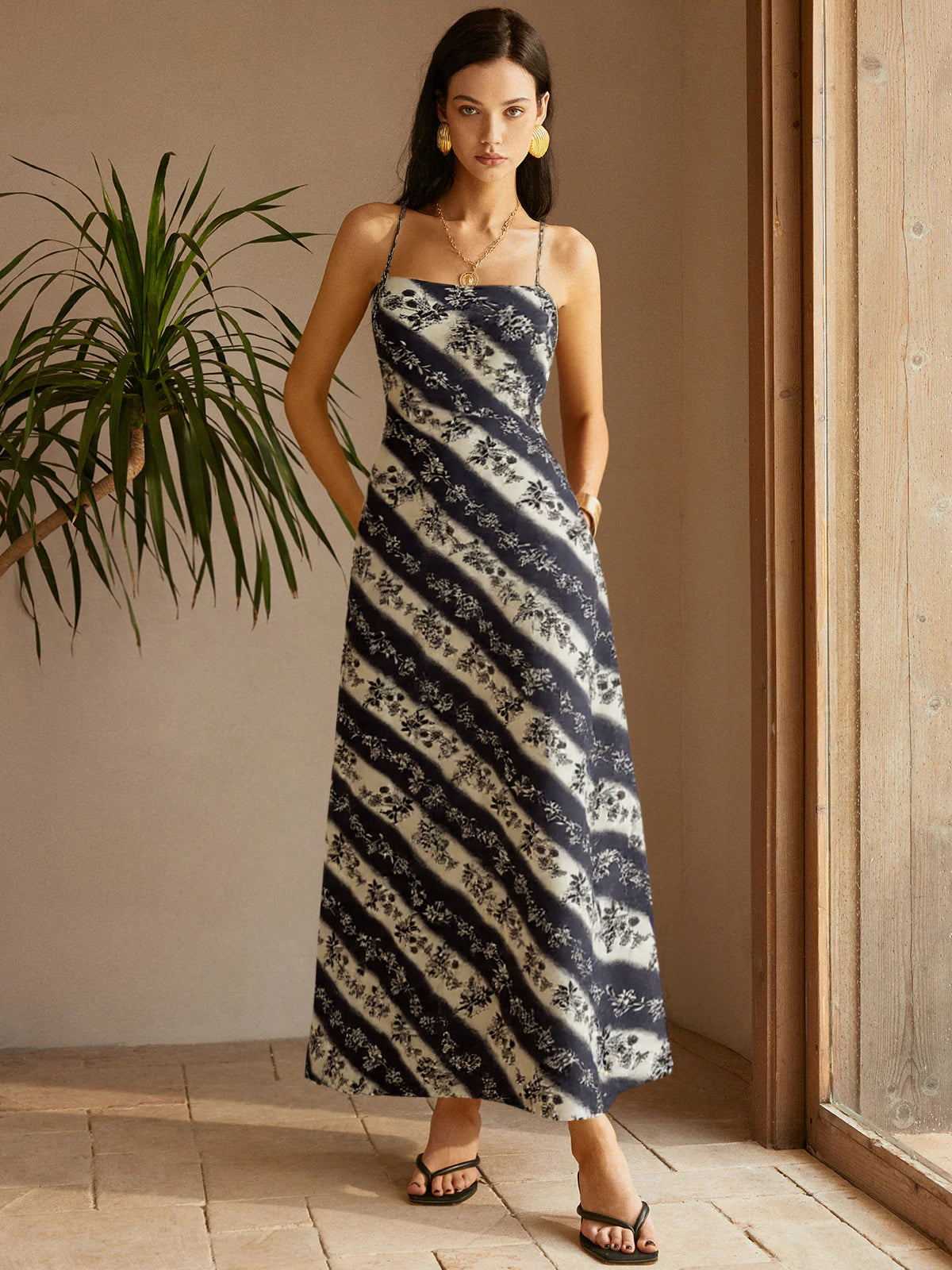 Floral Striped Criss-Cross Back Maxi Dress