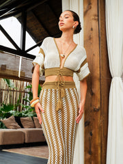 Crochet Stripe Skirt Set With Tassel Tie Waist