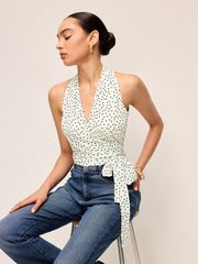 Semi-Sheer Polka Dot Wrap Halter Top