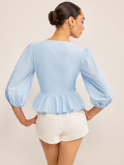 Scalloped V-Neck Peplum Top with Puff Sleeves