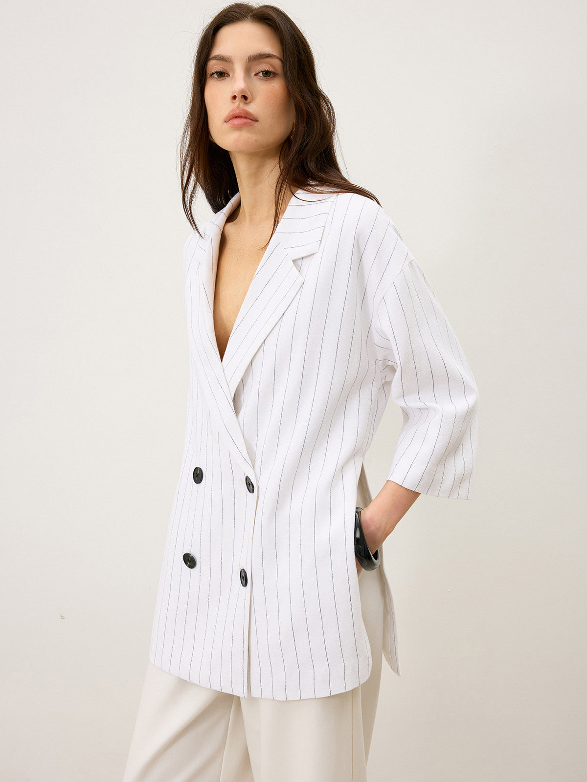 Linen&Cotton Oversized Striped Side Slit Double-Breasted Blazer
