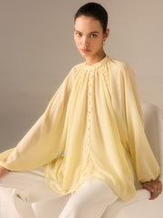 Semi-Sheer Chiffon Stand Collar Blouse with Braided Detail