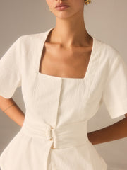 Cotton Square Neckline Top with Belted Waist
