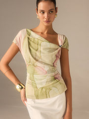 Print Asymmetric Neckline  Top