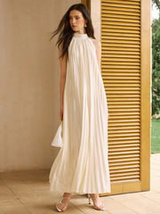 Satin High-Neck Pleated Maxi Dress