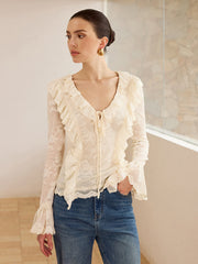 Semi-Sheer Lace Ruffle Trim V-Neck Blouse