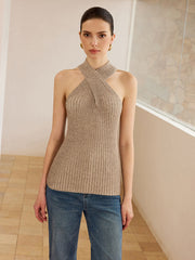 Cross-Strap Halter Neck Knit Top