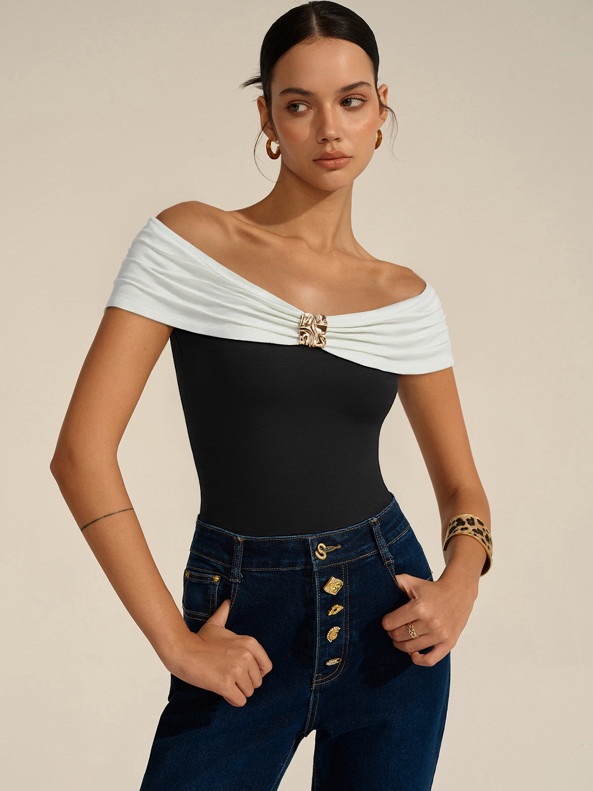 Metal Decor Off-Shoulder Bodysuit