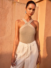 Cross-Strap Knit Halter Top