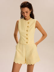 Shorts Set With Decor Button and Scallop Hem