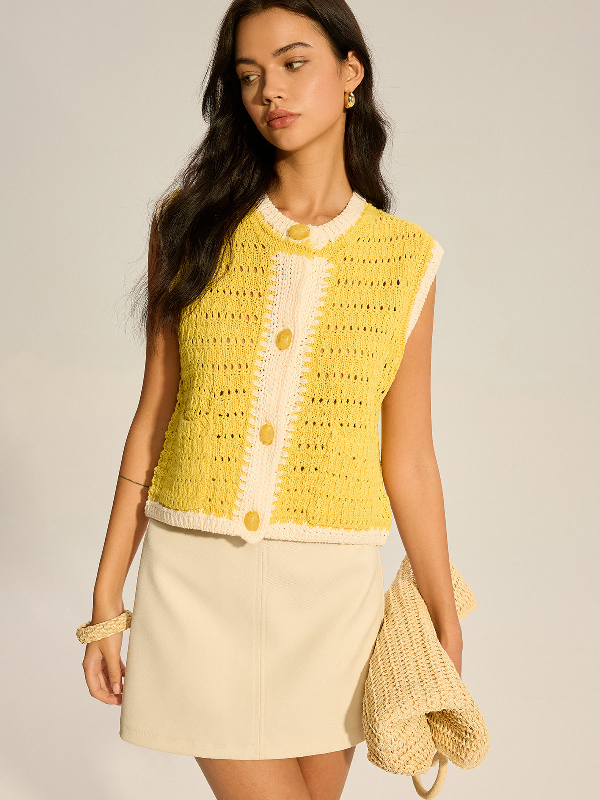 Crochet Knit Vest with Contrast Trim