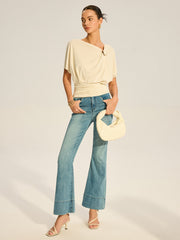 Asymmetrical Ruched Draped Top with Metal Ring Detail