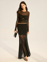 Semi-Sheer Mesh Ruched Long-Sleeve T-Shirt