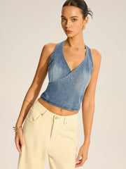 Denim Halter-Neck Wrap Top with Back Bow Detail