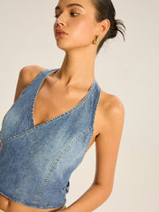 Denim Halter-Neck Wrap Top with Back Bow Detail