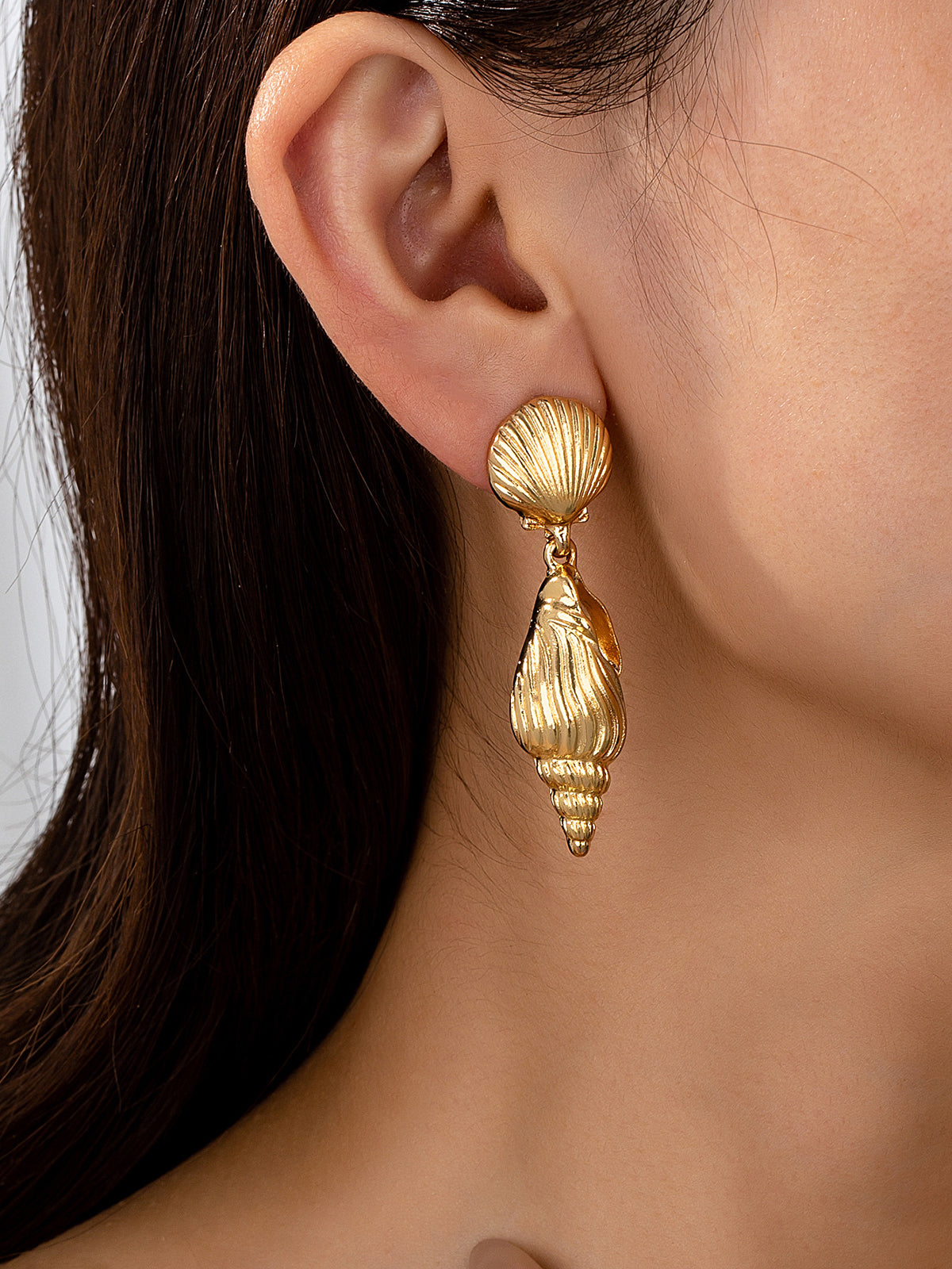 Gold Seashell and Conch-Shaped Drop Earrings