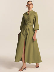 Belted Button Front Maxi Dress