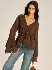 Semi-Sheer Chiffon Tiered Flared Sleeve Shirt
