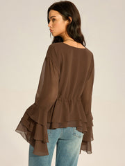 Semi-Sheer Chiffon Tiered Flared Sleeve Shirt